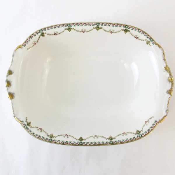 Vintage Vignaud Limoges Floral Trim White Ceramic Serving Bowl 8"x11"
