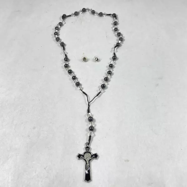 36" Hematite Clear Glass Bead Rosary with Black Enamel Cross & Stud Earrings