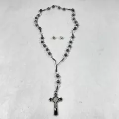 36" Hematite Clear Glass Bead Rosary with Black Enamel Cross & Stud Earrings