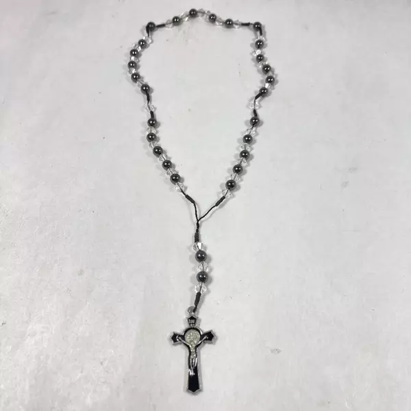 36" Hematite Clear Glass Bead Rosary with Black Enamel Cross & Stud Earrings