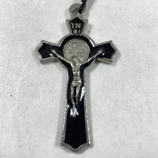 36" Hematite Clear Glass Bead Rosary with Black Enamel Cross & Stud Earrings