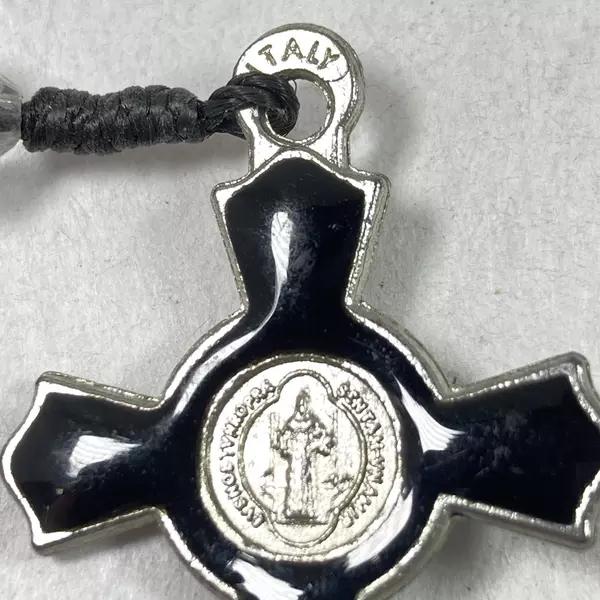 36" Hematite Clear Glass Bead Rosary with Black Enamel Cross & Stud Earrings