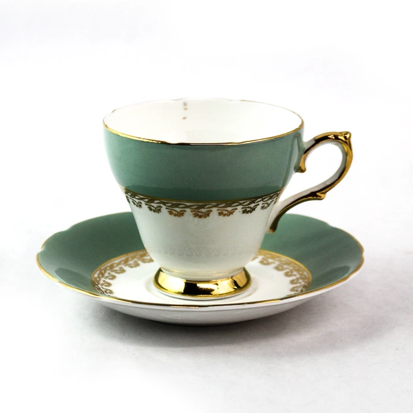 Sutherland Bone China Teal White Cup Saucer Set Gold Scalloped Rim Trim