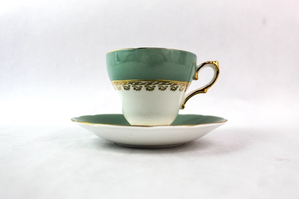 Sutherland Bone China Teal White Cup Saucer Set Gold Scalloped Rim Trim