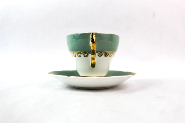 Sutherland Bone China Teal White Cup Saucer Set Gold Scalloped Rim Trim