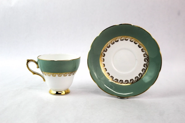 Sutherland Bone China Teal White Cup Saucer Set Gold Scalloped Rim Trim