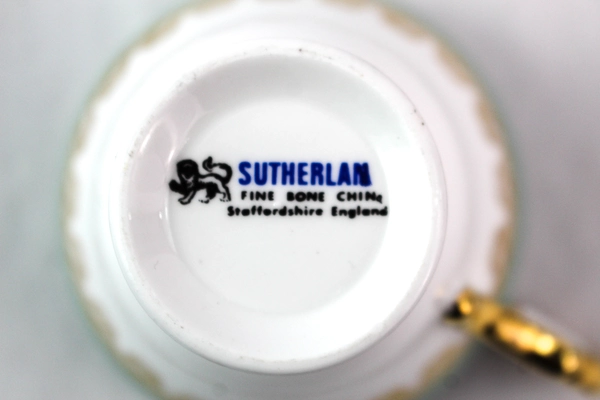 Sutherland Bone China Teal White Cup Saucer Set Gold Scalloped Rim Trim