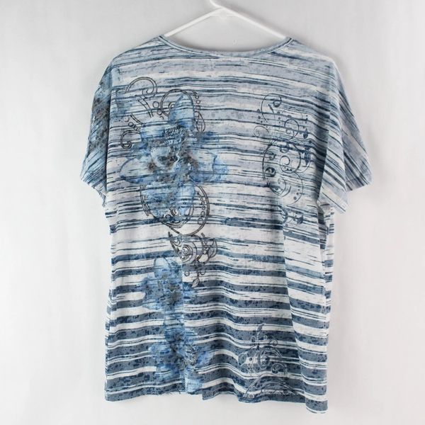 Christopher & Banks Blue White Flower Print Bedazzled T-Shirt Women's L