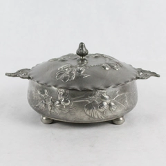 Antique Kayserzinn Pewter Footed Dish w Lid Handles Embossed Flowers 4036
