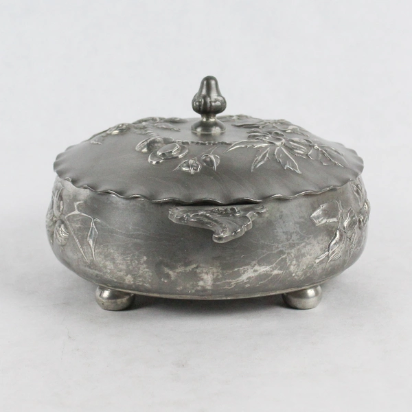 Antique Kayserzinn Pewter Footed Dish w Lid Handles Embossed Flowers 4036