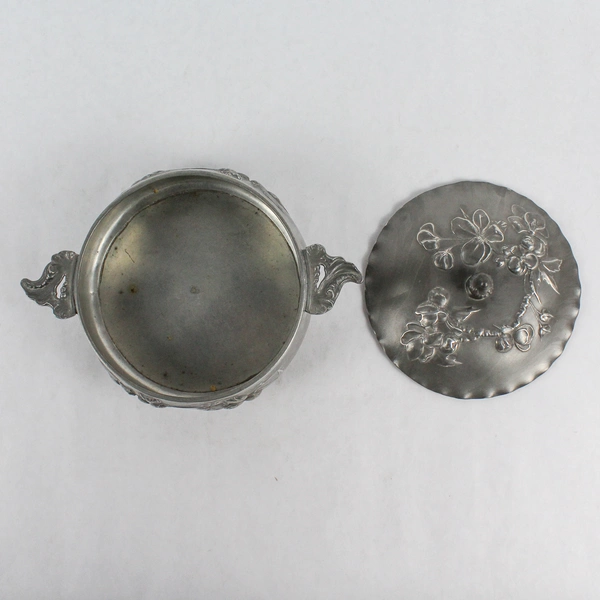 Antique Kayserzinn Pewter Footed Dish w Lid Handles Embossed Flowers 4036