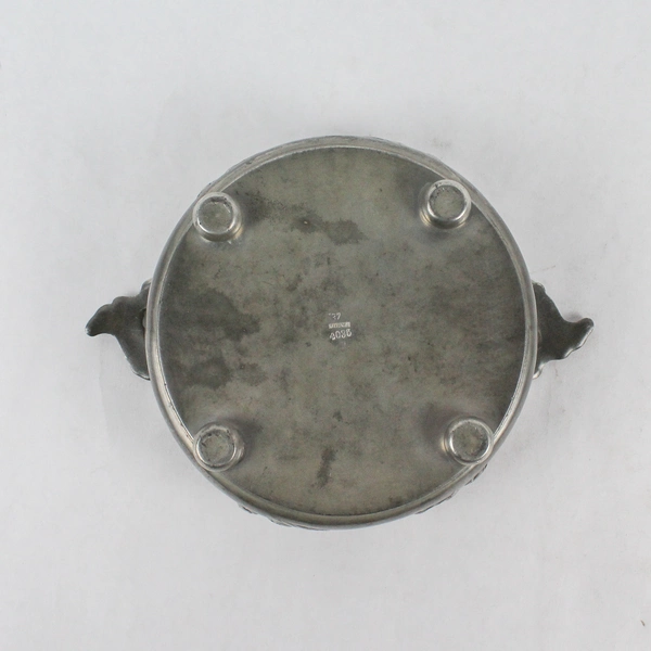 Antique Kayserzinn Pewter Footed Dish w Lid Handles Embossed Flowers 4036