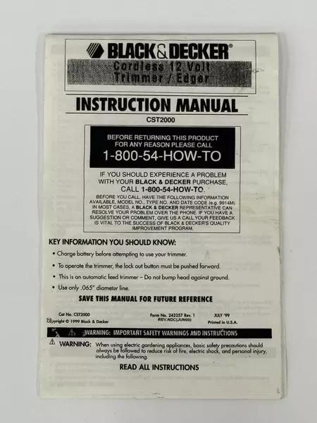 1999 Instruction Manual For Black & Decker 12 volt Cordless Trimmer/Edger