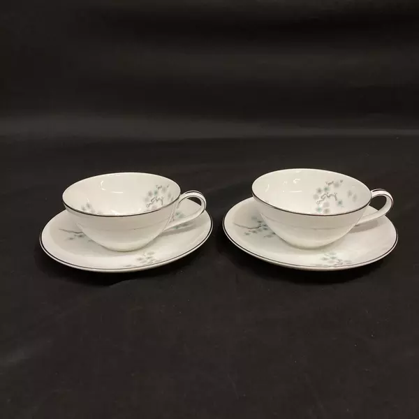2 Vtg Noritake Pineville Cup Saucer Sets White Platinum Trim Pine Branches 5854