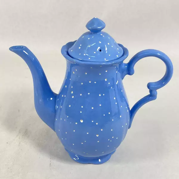Blue Ceramic Teapot with White Dots, Signed AMM 51, 7.75" Tall, Good Condition