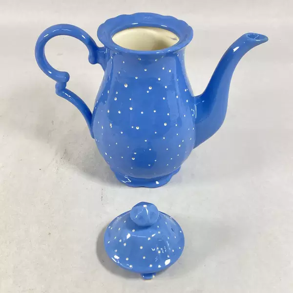 Blue Ceramic Teapot with White Dots, Signed AMM 51, 7.75" Tall, Good Condition