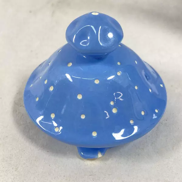 Blue Ceramic Teapot with White Dots, Signed AMM 51, 7.75" Tall, Good Condition