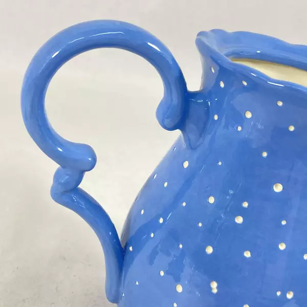 Blue Ceramic Teapot with White Dots, Signed AMM 51, 7.75" Tall, Good Condition