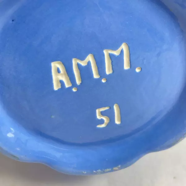 Blue Ceramic Teapot with White Dots, Signed AMM 51, 7.75" Tall, Good Condition