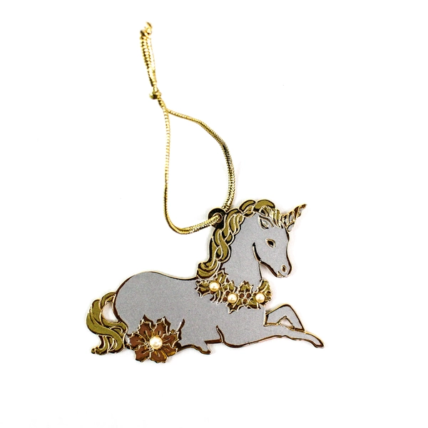 Lot of 5 Unicorn Christmas Ornaments - Brass & Linen, Engraved 1984-1991