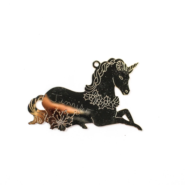 Lot of 5 Unicorn Christmas Ornaments - Brass & Linen, Engraved 1984-1991