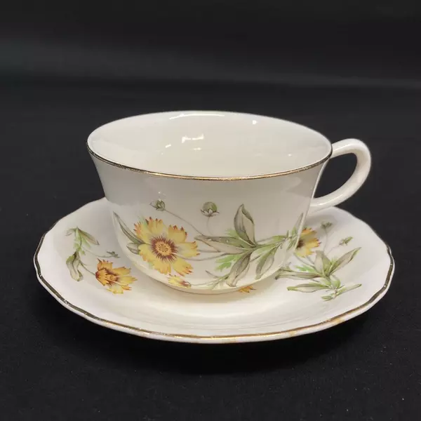 Porcelain Tea Cup & Saucer Set White Gold Trim Yellow Flowers - Collectible