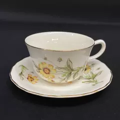Porcelain Tea Cup & Saucer Set White Gold Trim Yellow Flowers - Collectible