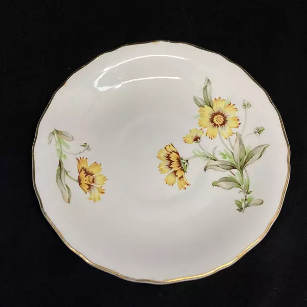 Porcelain Tea Cup & Saucer Set White Gold Trim Yellow Flowers - Collectible