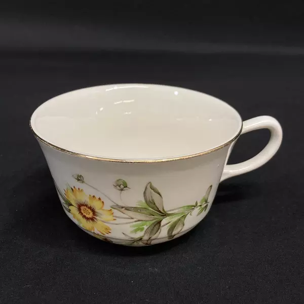 Porcelain Tea Cup & Saucer Set White Gold Trim Yellow Flowers - Collectible