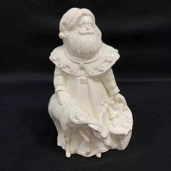 White Ceramic Santa & Reindeer Figurine 11" - Holiday Décor - Good Condition