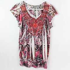 Pink White Beaded Blouse Women's Size M Short Sleeve Top Elastic Bottom Hem