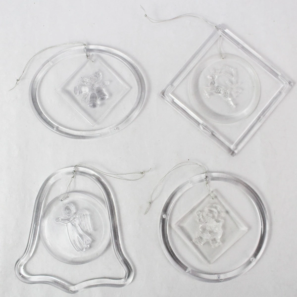 Set of 4 Clear Plastic Christmas Ornaments - Reindeer, Santa, Angel, Bells