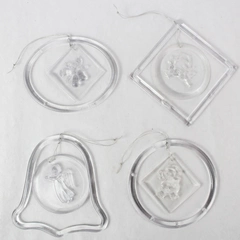 Set of 4 Clear Plastic Christmas Ornaments - Reindeer, Santa, Angel, Bells