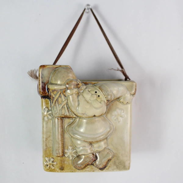 Beige Ceramic Santa Claus Basket Holiday Decoration 4" Collectible Figurine