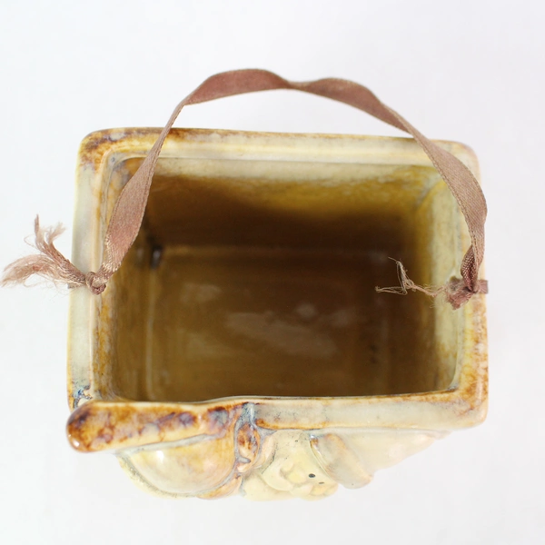 Beige Ceramic Santa Claus Basket Holiday Decoration 4" Collectible Figurine