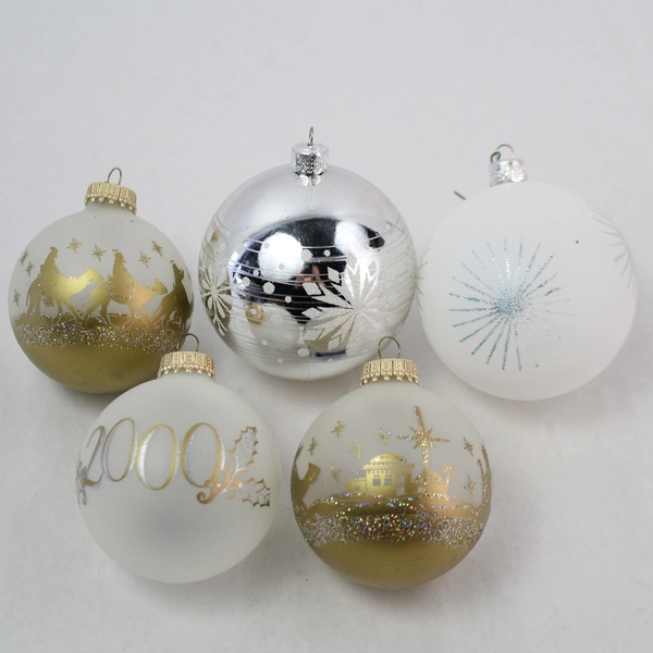 Lot of 5 Vintage White, Silver & Gold Christmas Tree Ornaments - Elegant Decor