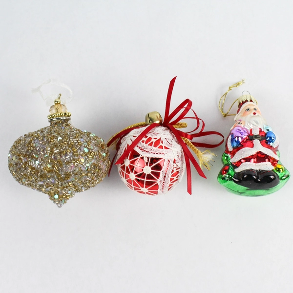 Lot of 3 Glass Christmas Tree Ornaments - Varied Shapes & Designs