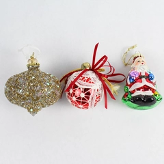 Lot of 3 Glass Christmas Tree Ornaments - Varied Shapes & Designs