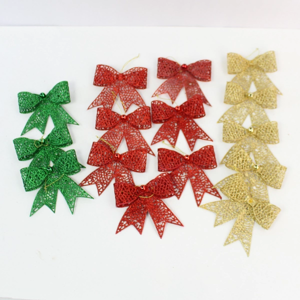 Lot of 15 Glittery Bow Christmas Ornaments - Red, Green, Gold Holiday Decor