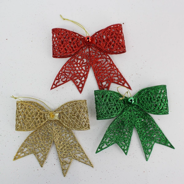 Lot of 15 Glittery Bow Christmas Ornaments - Red, Green, Gold Holiday Decor