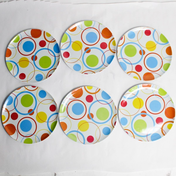 Set of 6 Multicolor Polka Dot Design Plastic Dinner Party Plates 11"