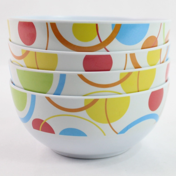 Set of 4 Multicolor Polka Dot Plastic Dinner Bowls 6" - Pre-Owned with Stains