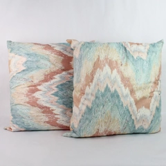 Set of 2 Large Beige Blue and Peach Patterned Sofa Pillows Cushions 18" x 20"