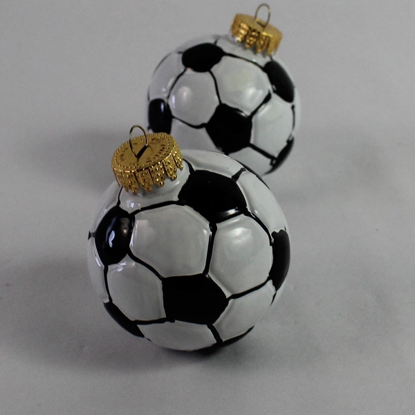 Lot of 2 Soccer Ball Glass Ornaments - Black & White Sports Christmas Decor