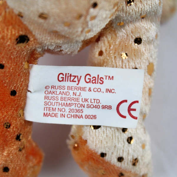 Russ Berrie Glitzy Gals 5" Orange Bear Stuffed Toy Ornament - Good Condition