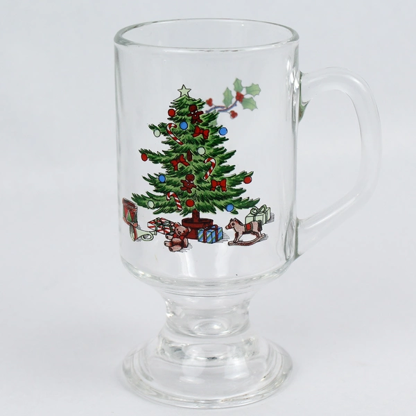 Vintage Footed Glass Christmas Irish Coffee Mug 5.75" Holiday Decor Collectible