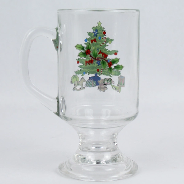 Vintage Footed Glass Christmas Irish Coffee Mug 5.75" Holiday Decor Collectible