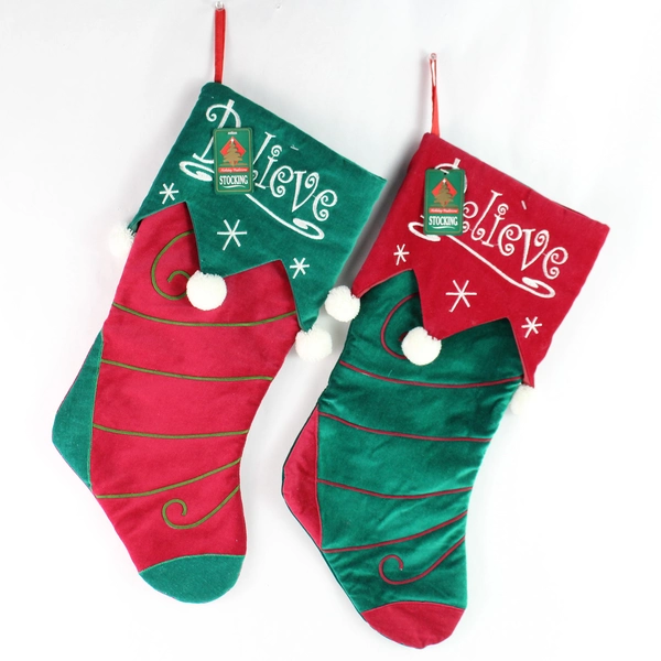 Set of 2 NWT Holiday Traditions Red & Green Embroidered Christmas Stockings