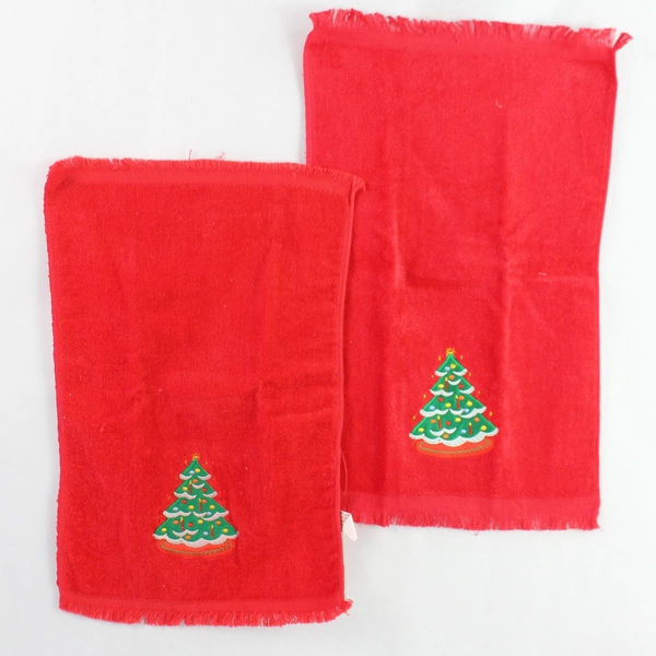 Lot of 4 Christmas Dishcloths - Red Cotton Towels with Santa & Tree Designs