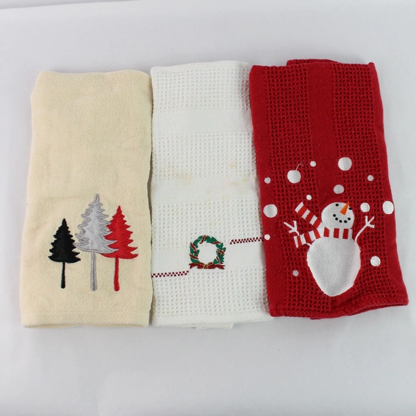 Lot of 3 Flawed Embroidered Christmas Dishcloth Towels - Festive Kitchen Decor